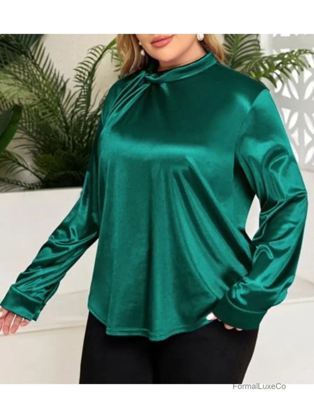 Plus Size Satin Twist Mock Neck Long Sleeve Blouse